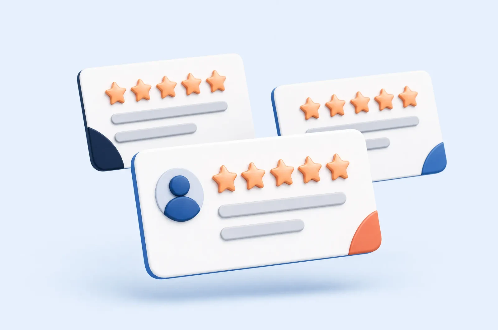 Three five-star review cards floating together