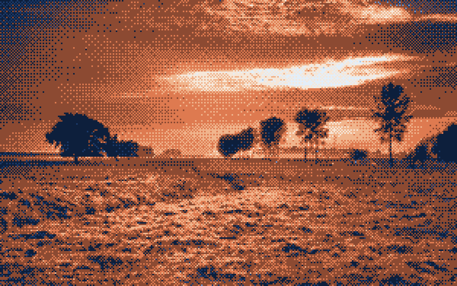 Dithered golden pasture at sunset